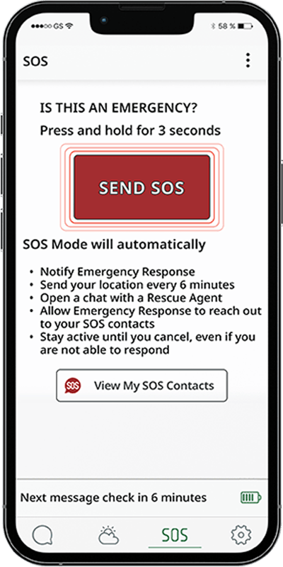 ZOLEO App-Bildschirm für weltweites Zwei-Wege-SOS