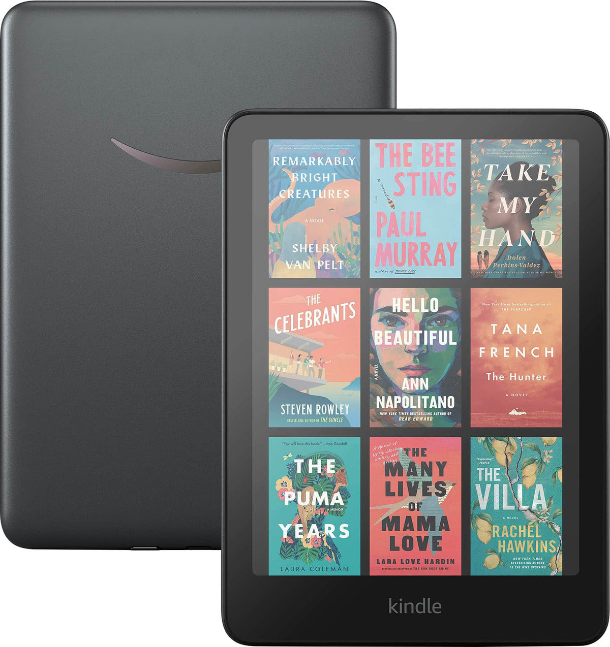 gallery-01-main | Kindle Colorsoft Signature Edition 32 GB – Frontalansicht mit farbigen Buchcovern (Produktabbildung)