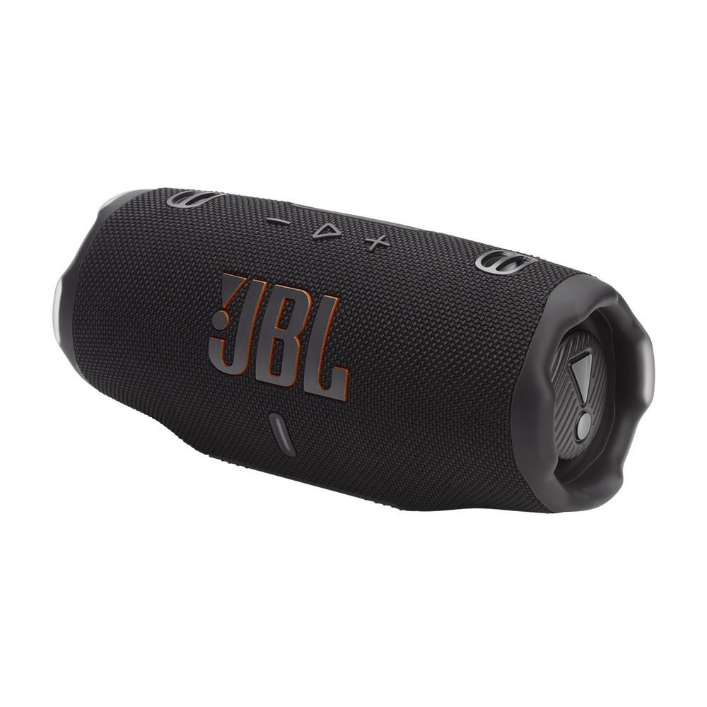 JBL Charge 6 – Schwarz, schräge Vorderansicht