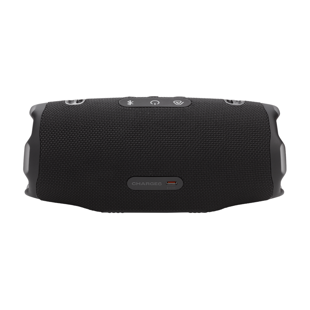 JBL Charge 6 – Schwarz, schräge Vorderansicht
