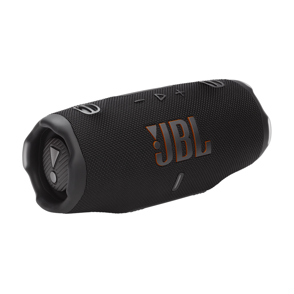 JBL Charge 6 – Schwarz, schräge Vorderansicht