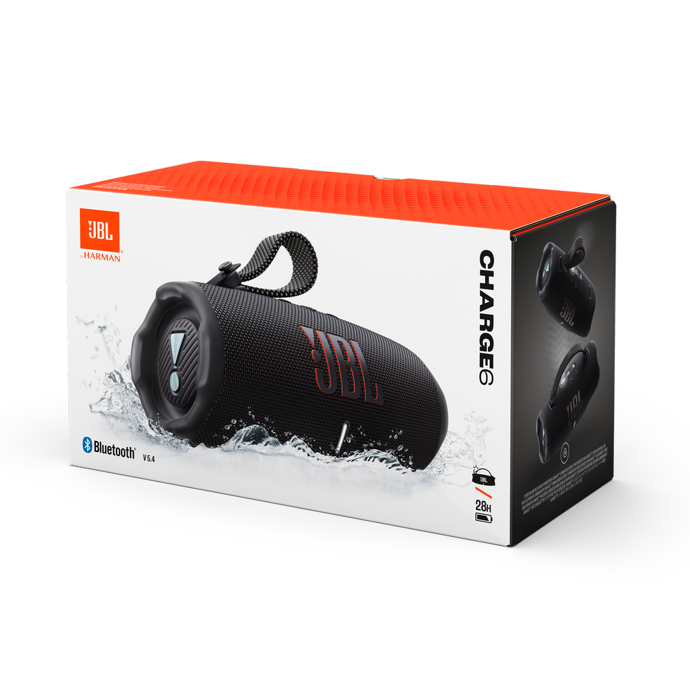 JBL Charge 6 – Schwarz, schräge Vorderansicht
