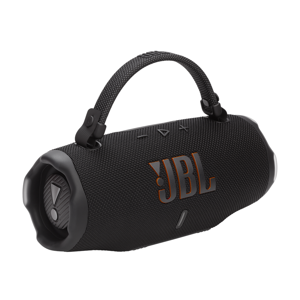 JBL Charge 6 – Schwarz, schräge Vorderansicht