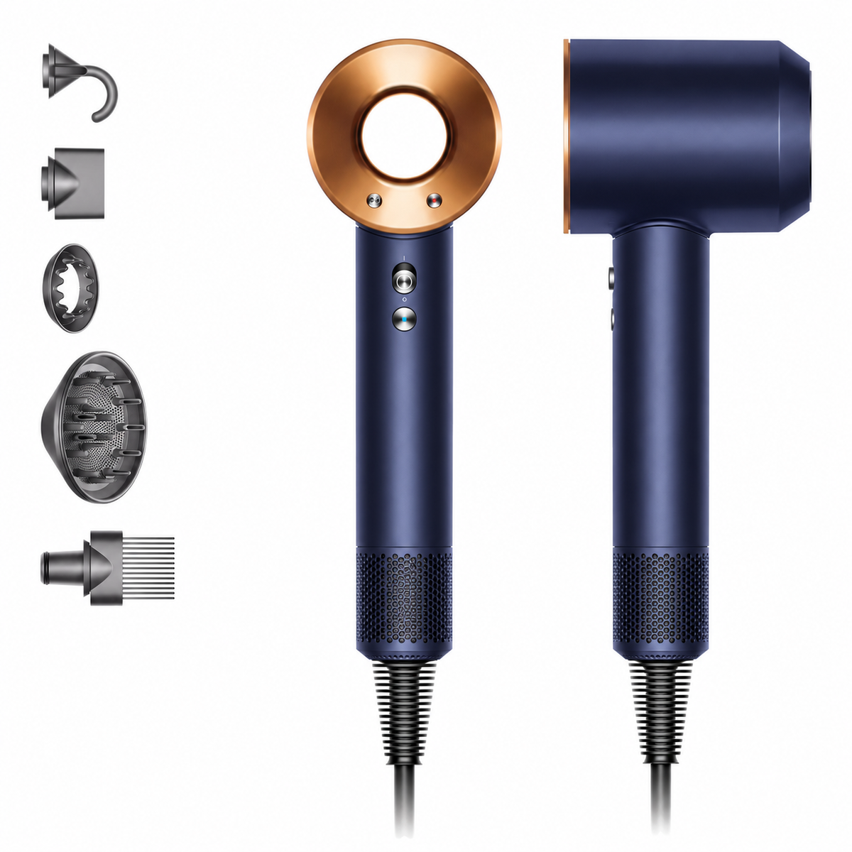 Dyson Supersonic Nachtblau/Kupfer - Produktansichten und fünf Aufsätze