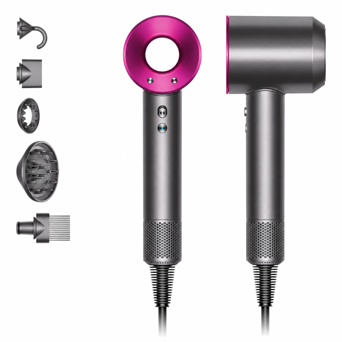 Dyson Supersonic Anthrazit/Fuchsia - Produktansichten und fünf Aufsätze