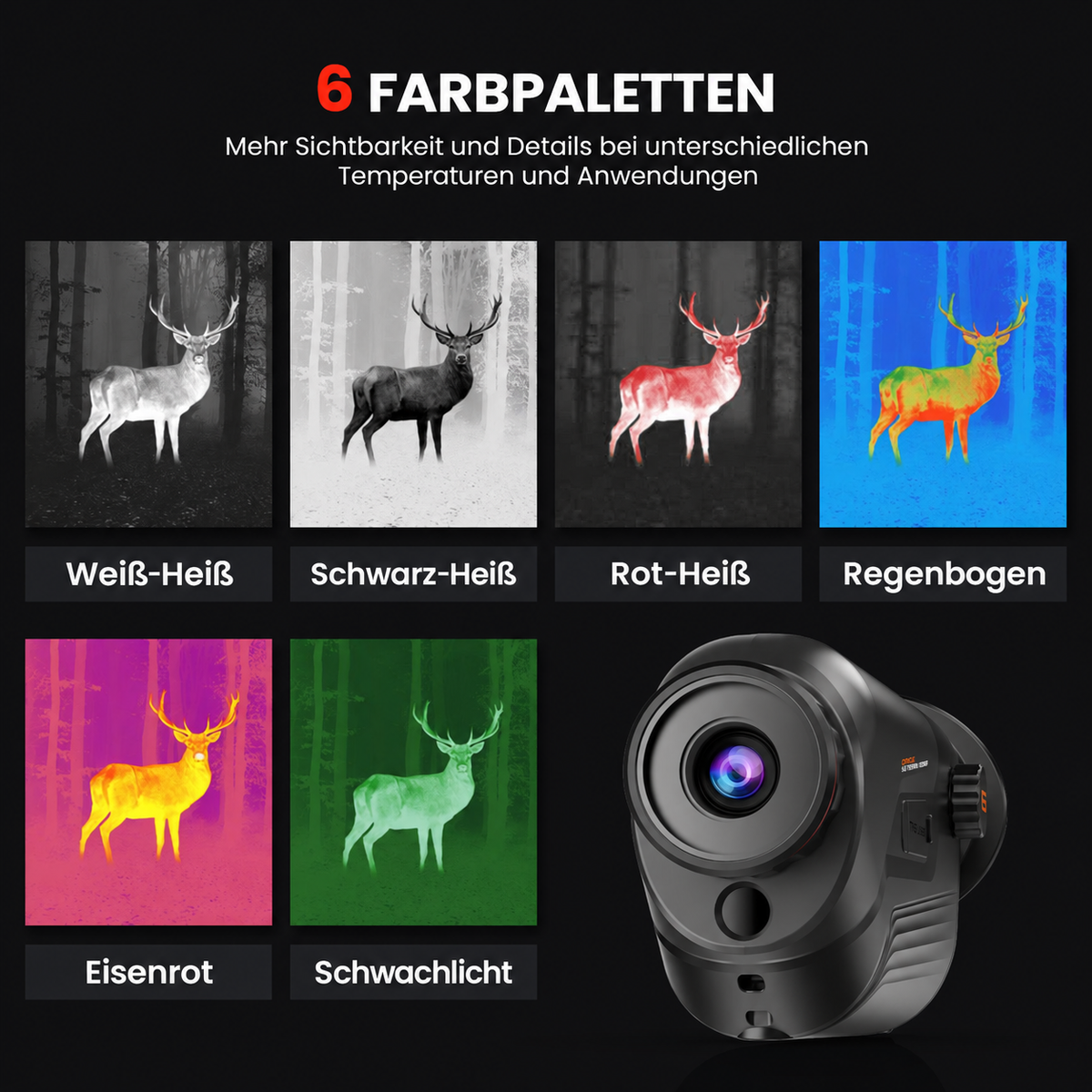 Sechs verschiedene Wärmebild-Farbpaletten