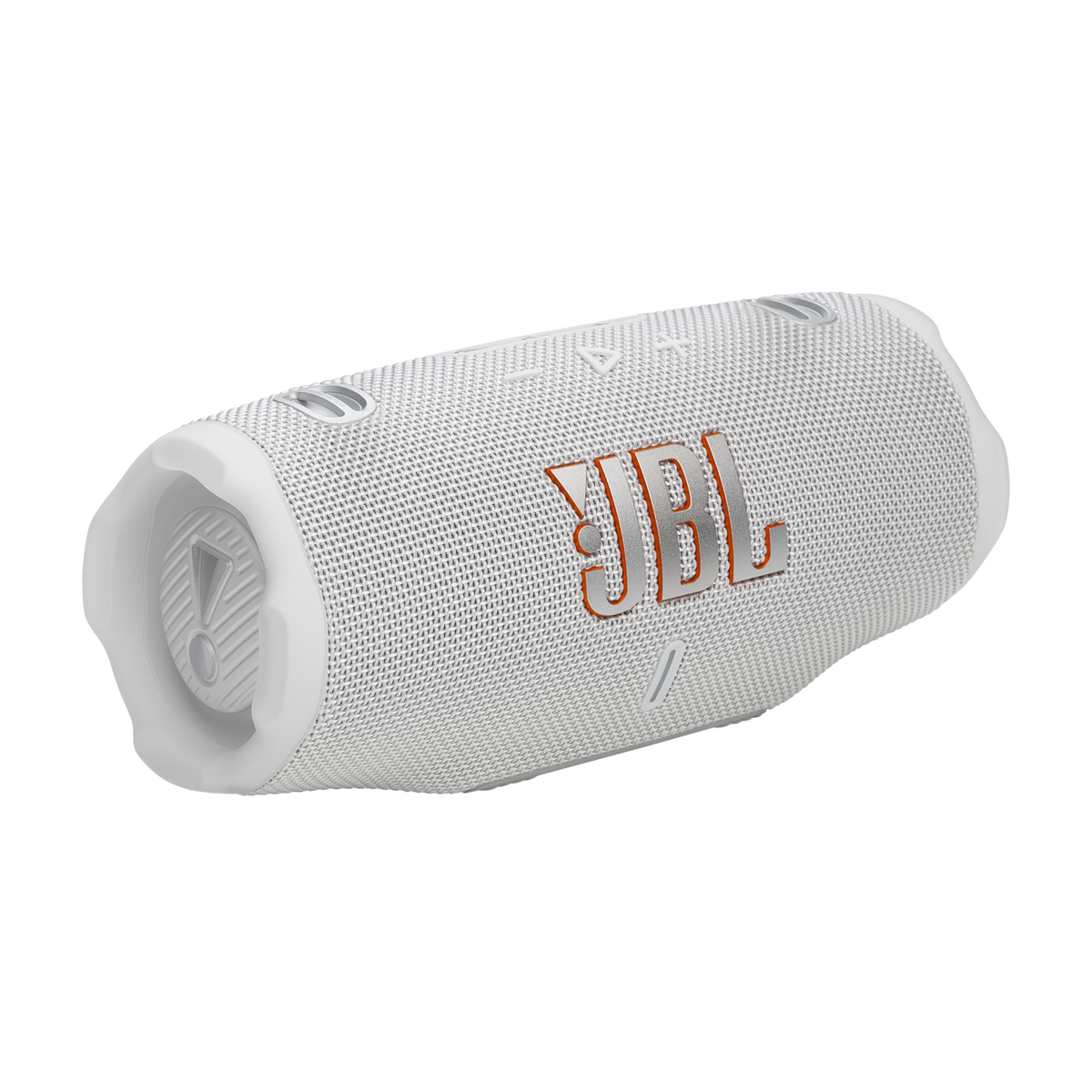 JBL Charge 6 in Weiß, schräge Vorderansicht