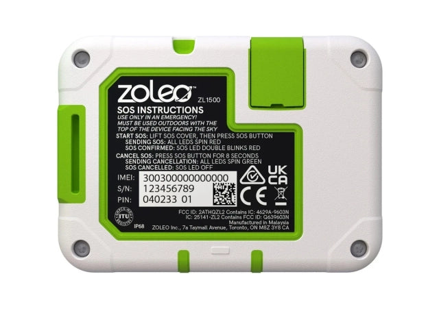 ZOLEO ZL1500 satellite communicator, back view and model label