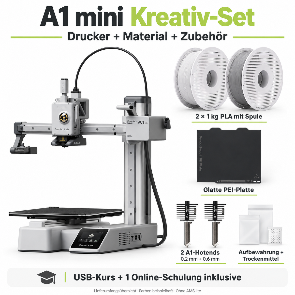 A1 mini Kreativ-Set – Lieferumfangsübersicht mit Drucker, zwei PLA-Spulen, PEI-Platte, zwei Hotends und Aufbewahrung; illustrative Zusammenstellung