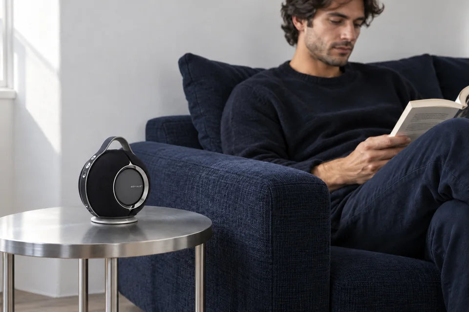 Devialet Mania auf einem Beistelltisch neben einem lesenden Mann auf dem Sofa
