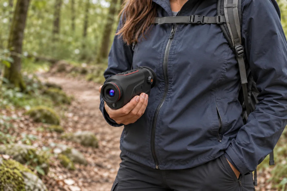 Wanderin hält ein GOYOJO Wärmebildmonokular auf einem Waldweg