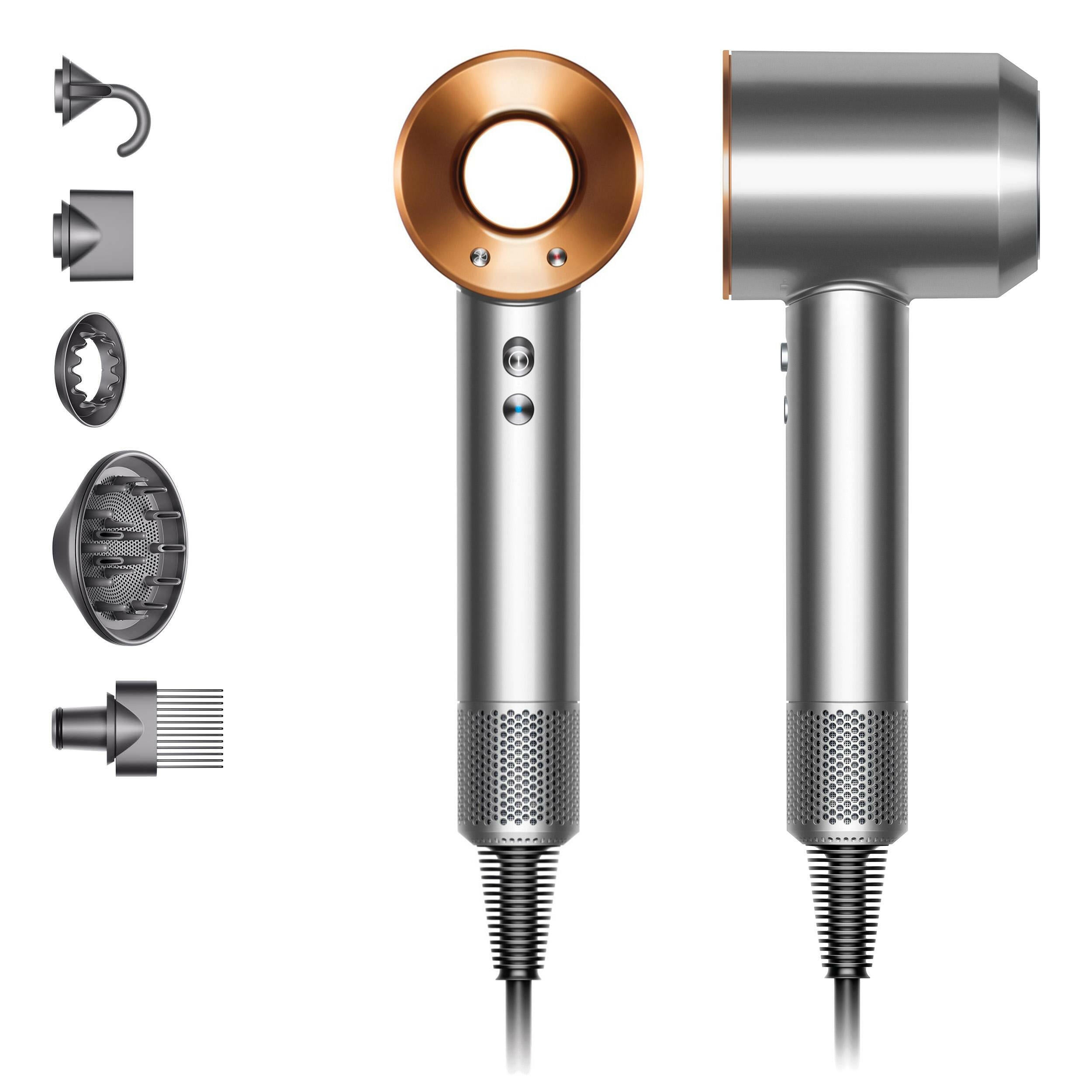 Dyson Supersonic™ Nikiel/Miedź – widok z przodu i z boku z pięcioma końcówkami
